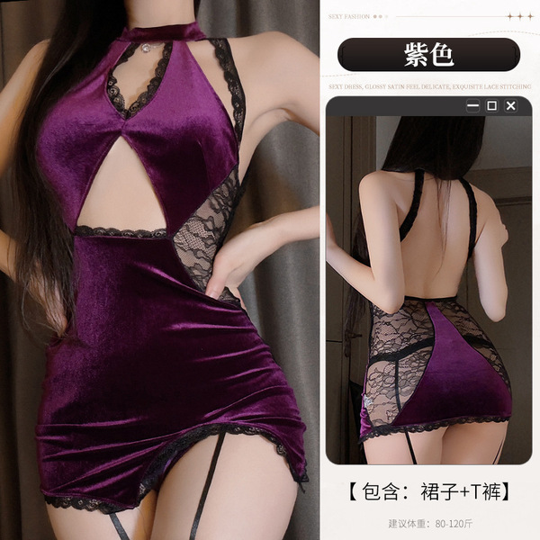 Qingruohan Sexy Lace-Trimmed Velvet Cheongsam Lingerie - Seductive Sheer Costume Outfit for Women - Purple +197 style socks