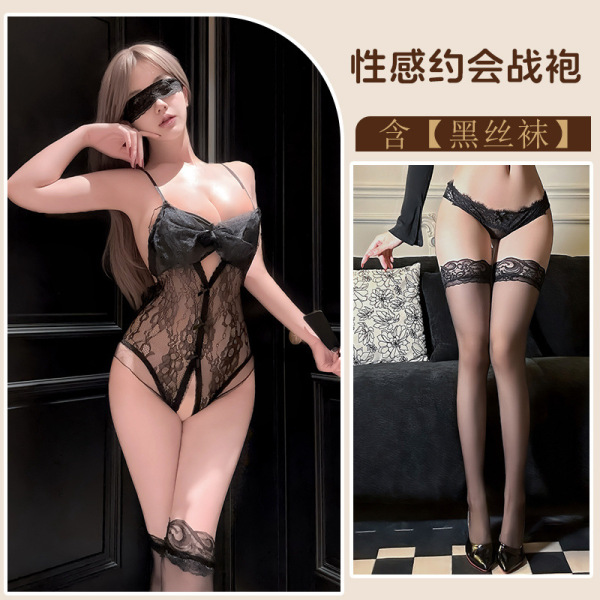 Seductive Lace Bodysuit for Women - Sheer Mesh Sensual Lingerie with Cut-Out Details, Pure Allure Collection - Black + black stockings