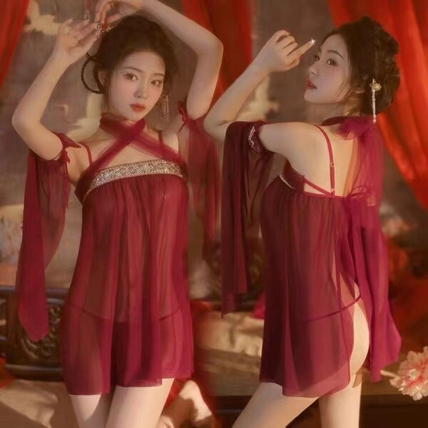 Elegant red vintage hanfu silk belly wrap paired with sheer plus-size lingerie, perfect for traditional elegance and modern a...