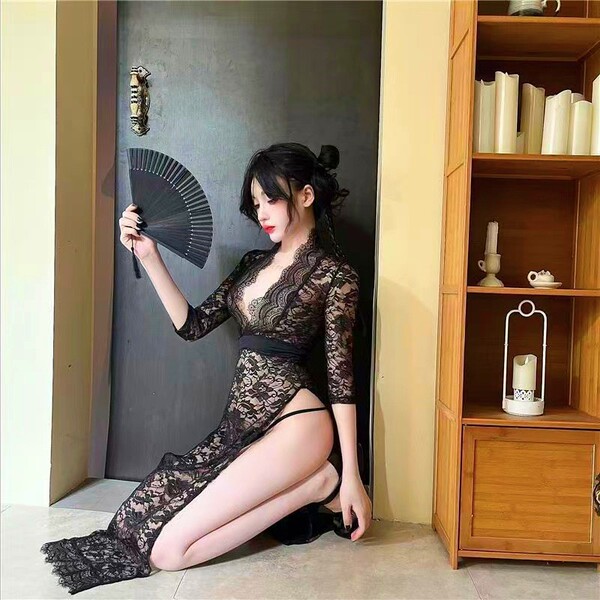 Sensual lace long dress for plus size women, featuring sheer mesh design and flattering fit, perfect for evening wear.