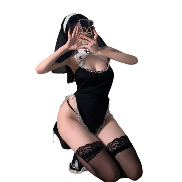 Sexy nun costume with high slit, lace trim, and thigh-high stockings for role play.