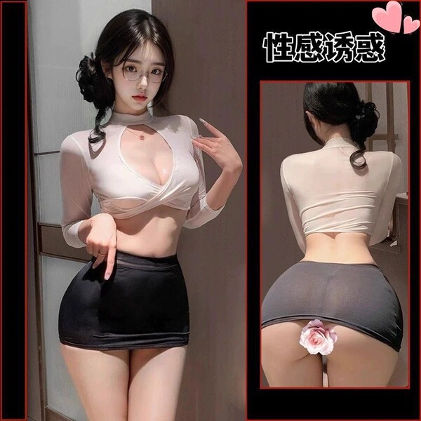 Woman modeling a sheer white top and black bodycon mini skirt, part of the plus size 200 lbs k-pop inspired sexy secretary ou...