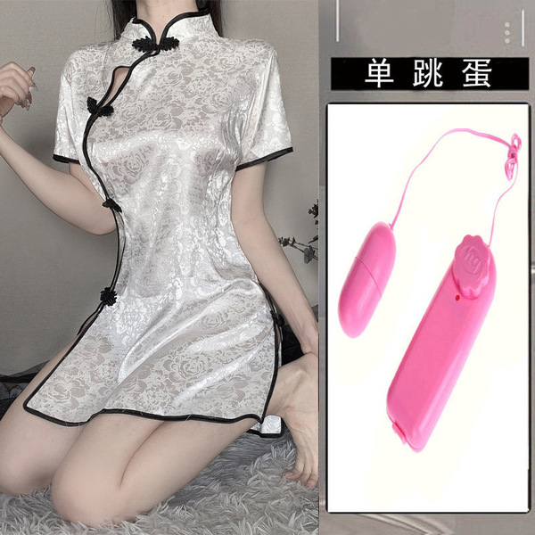 Sexy Lace Cheongsam Lingerie Set - Seductive Silk Sleepwear for Women, Flirty Nightwear & Costume Outfit - [2006 White] + [Vibrator]