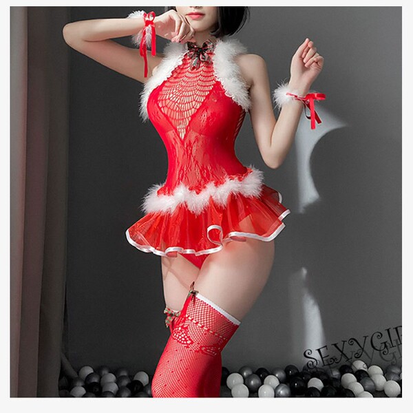 Sexy red bodysuit with reindeer theme, featuring lace, fur trim, and stockings. perfect for festive occasions.