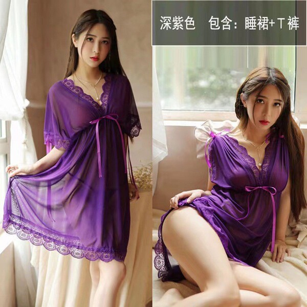 Woman modeling elegant deep purple lace-trimmed sleep dress with matching t-pants, part of the 2026 nine purple li fire luck-...