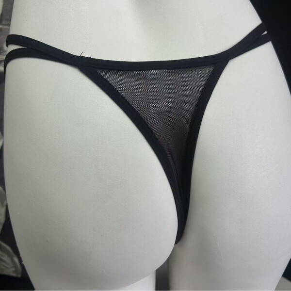 Sexy black lace mesh bikini panties featuring sheer cutouts and crisscross back design, perfect for comfort and style.