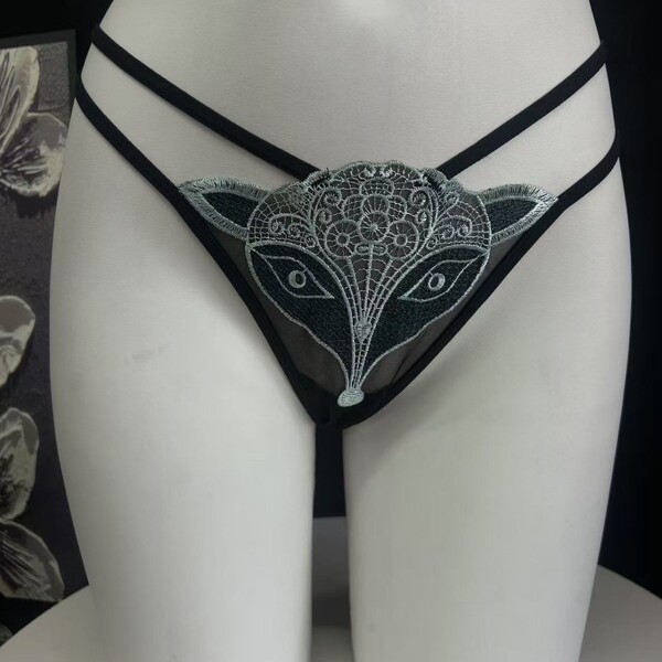 2026 fox embroidery lace mesh bikini panties featuring intricate fox design, sheer cutouts, and crisscross back detail.