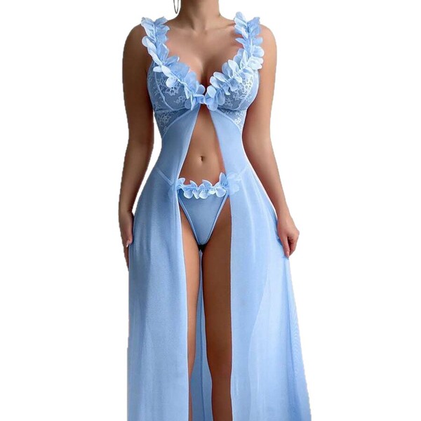 2026 sheer lace long slip dress featuring sensual mesh backless design, perfect nightgown and lingerie set for women.