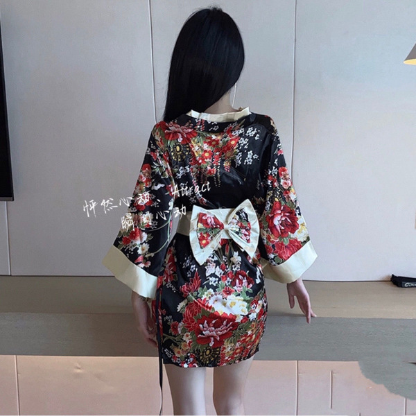 A floral-patterned robe with a deep v-neckline, perfect for sensual loungewear or cosplay. features intricate designs and a b...