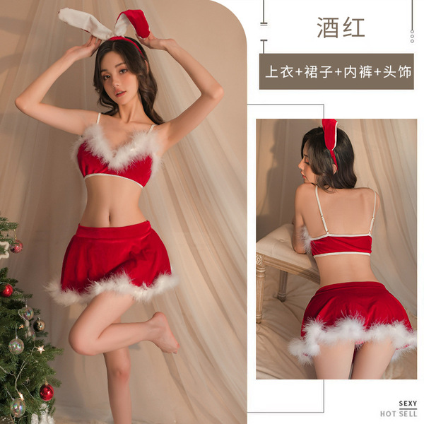 Women's Sexy Christmas Lingerie Set - Halloween Sleep Dress, Role Play Costume & Nightclub Outfit for New Year - 2049 (Headpiece + Bra + Skirt + T-shirt)
