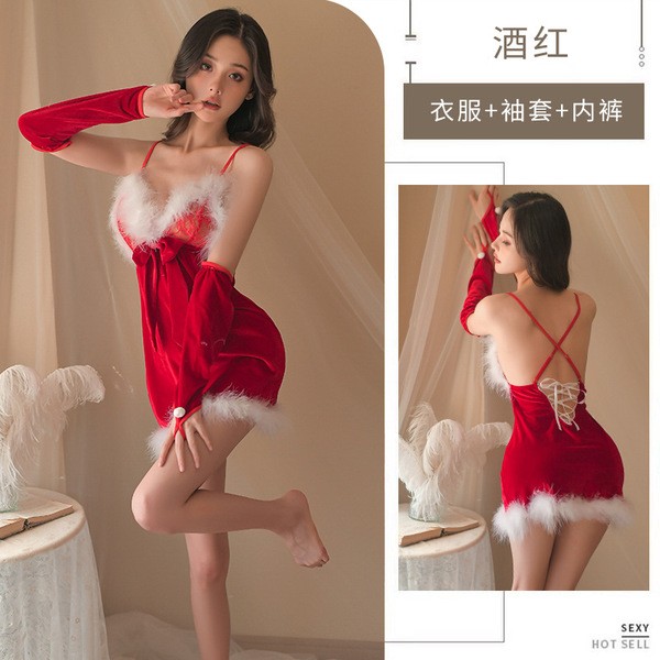 Women's Sexy Christmas Lingerie Set - Halloween Sleep Dress, Role Play Costume & Nightclub Outfit for New Year - 2050 (Nightgown + Arm sleeves + T-shirt)