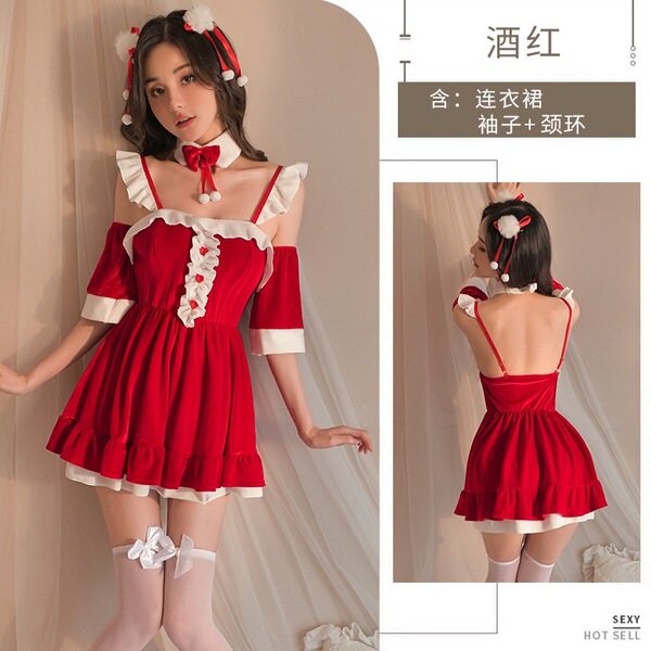 Women's Sexy Christmas Lingerie Set - Halloween Sleep Dress, Role Play Costume & Nightclub Outfit for New Year - 2051 (necklace + nightgown + thong) + small bull horn headpiece
