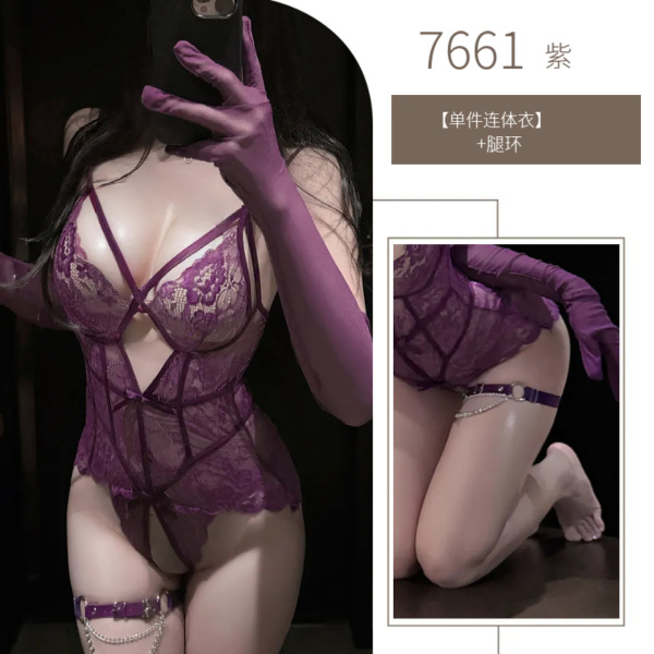 Luxury Lace Bodysuit for Women - Sheer Mesh Sensual Sleepwear with Elegant Cutouts, Pure & Tempting Design - Purple bodysuit + leg rings