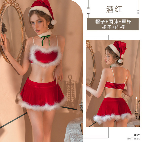 Women's Sexy Christmas Lingerie Set - Halloween Sleep Dress, Role Play Costume & Nightclub Outfit for New Year - 2059 (Hat + Necklace + Bra + Skirt + Thong)