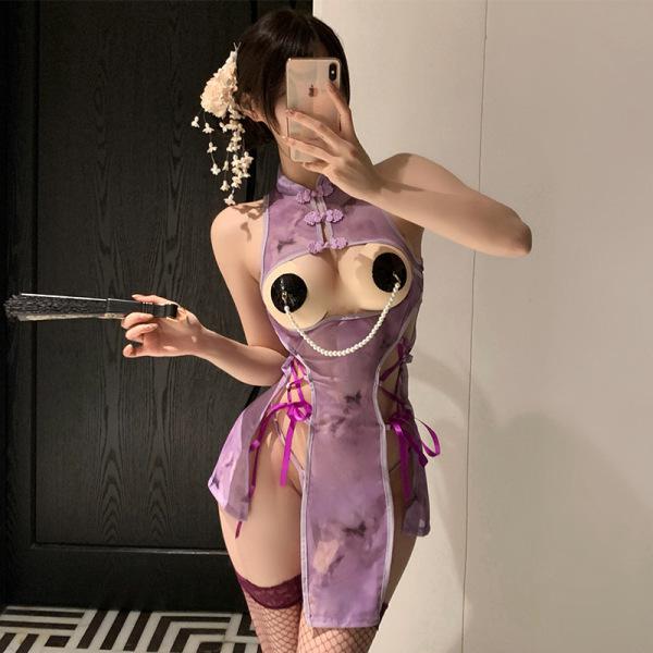 Woman modeling purple qqny silk-look sensual lingerie set – pure-yu style cheongsam-inspired sexy sleepwear & roleplay outfit...