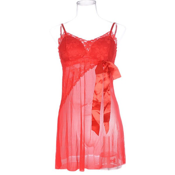 Seductive Lace Sheer Chemise with Built-in Pads - Modest Yet Sexy Sleepwear for Women - Bright red (for privacy protection)