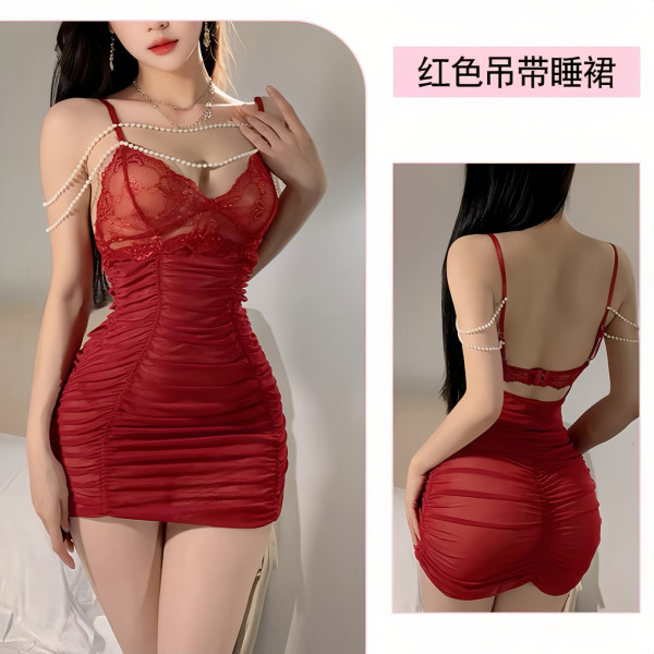 Sensual Pearl-Chain Lace Chemise - Sexy QQNY Sleepwear for Couples, Pure & Alluring Bedroom Lingerie - Burgundy + Black Open Crotch Stockings