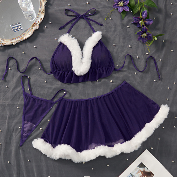Pure & Playful Bunny Girl Lingerie Set - Sexy Velvet Two-Piece Roleplay Outfit with Halter Neck Top - Purple