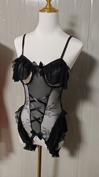 Mannye Qing Plus Size Sexy Lace Bodysuit - Bunny Girl Costume with Ruffled Trim & Sheer Open-Crotch Design - black