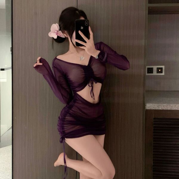 Purple Sheer Lace Sexy Lingerie Set for Women - Seductive Nurse Costume Sleepwear with Ruched Mini Dress & Drawstring Wa - Purple