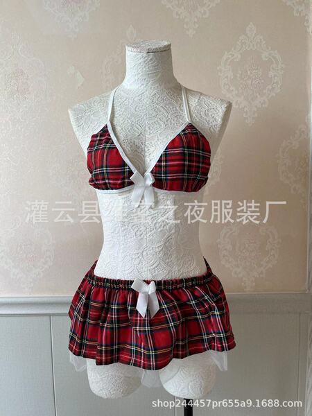 Plus Size Sexy Three-Piece Lingerie Set - Red Plaid Uniform - Inspired Outfit for Women - red