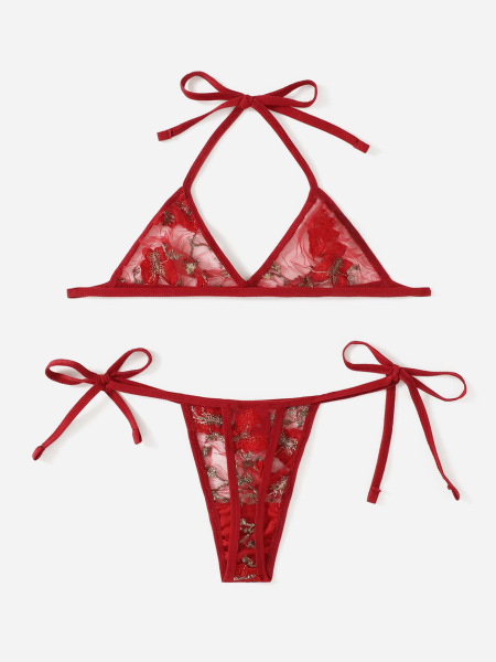 Lace Bra and Thong Set - 3-Piece Floral Embroidered Sexy Lingerie for Women, Elegant Bridal & Vacation Underwear - Wine Red