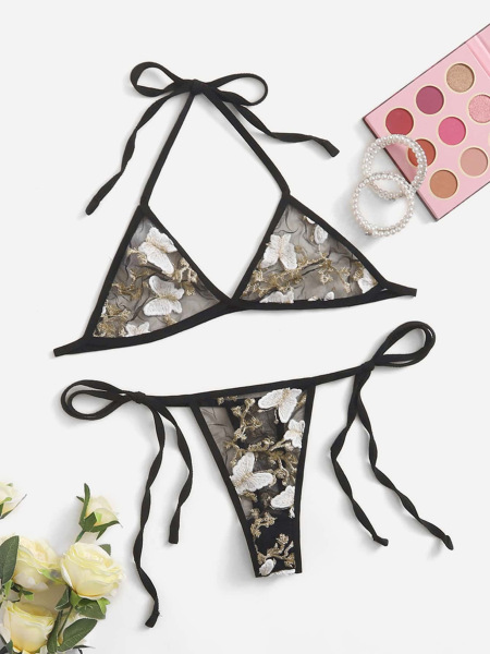 Lace Bra and Thong Set - 3-Piece Floral Embroidered Sexy Lingerie for Women, Elegant Bridal & Vacation Underwear - black