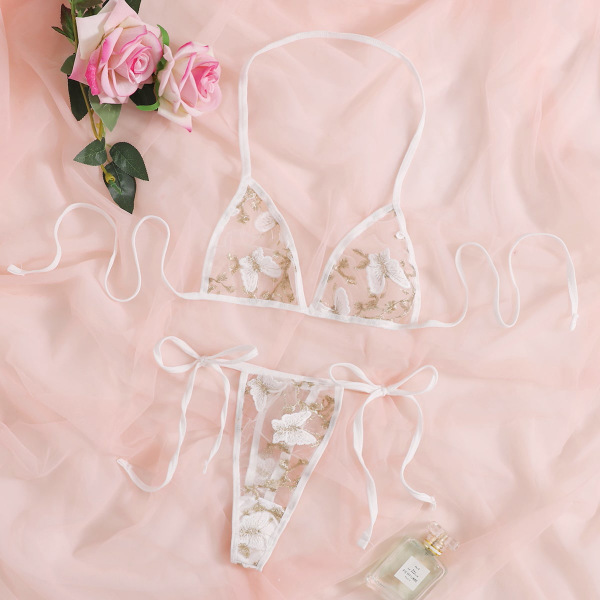 Lace Bra and Thong Set - 3-Piece Floral Embroidered Sexy Lingerie for Women, Elegant Bridal & Vacation Underwear - White