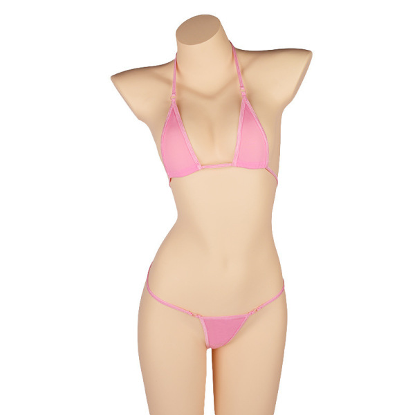 Sexy Lace Bondage Lingerie Set for Women – Ice Silk Sheer Bikini Bra & Panty Outfit - pink..