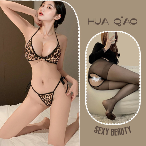 Leopard Print Sensual Lingerie Set for Women – Comfortable Strapless Bra & Thong Bikini Set - Picture set + black open-crotch stockings