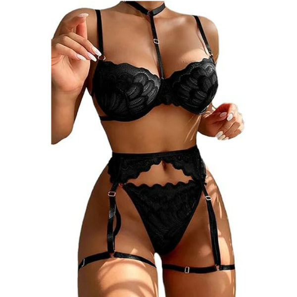 Lace Lingerie Set for Women – Sexy Pure & Tempting Sleepwear with Garter Belt & Halter Bra - black