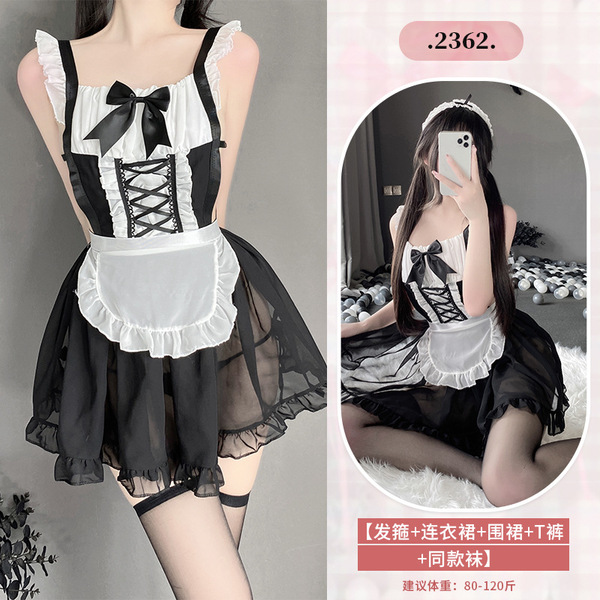 Sexy Maid Costume for Women - Cute & Alluring French Maid Outfit with Apron, Headband & Stockings Set - 2362+3042 Black