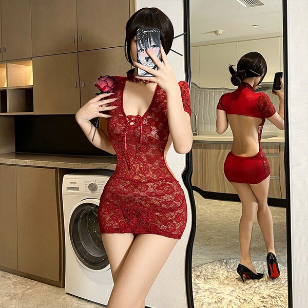 Lace Temptation Lingerie Set - Sexy Sheer Uniform-Inspired Bodysuit, Pure-Flirty Bodycon Mini Dress for Small Bust - Wine Red