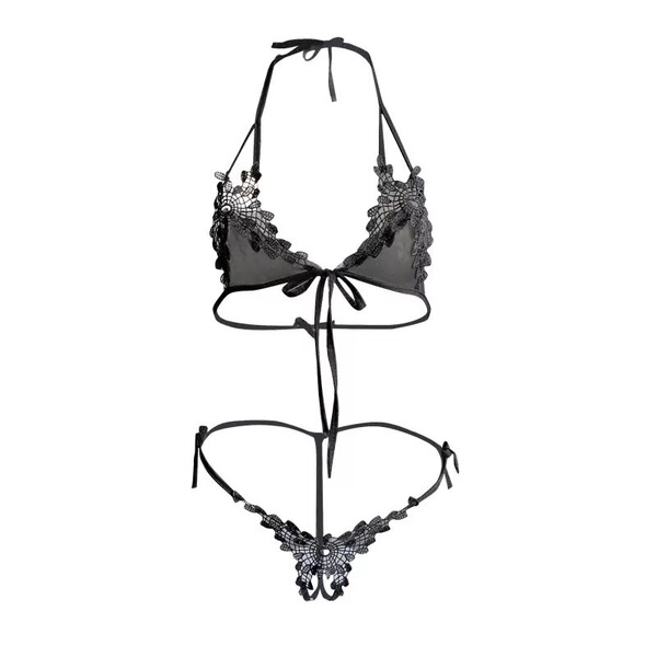 Lace Bralette & Thong Set for Small Bust - Seductive Sheer Sleepwear with Open-Crotch Design - Black + black stockings
