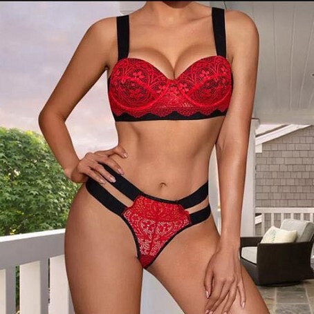 Three-Piece Lace Sheer Matching Set - Sexy Push-Up Bodysuit & Thong Lingerie for Women - red