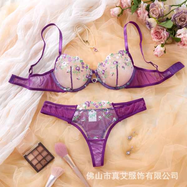 Sexy Lace Floral Embroidery Lingerie Set - Sheer Pure Temptation Bra & Panty Set for Women - Purple
