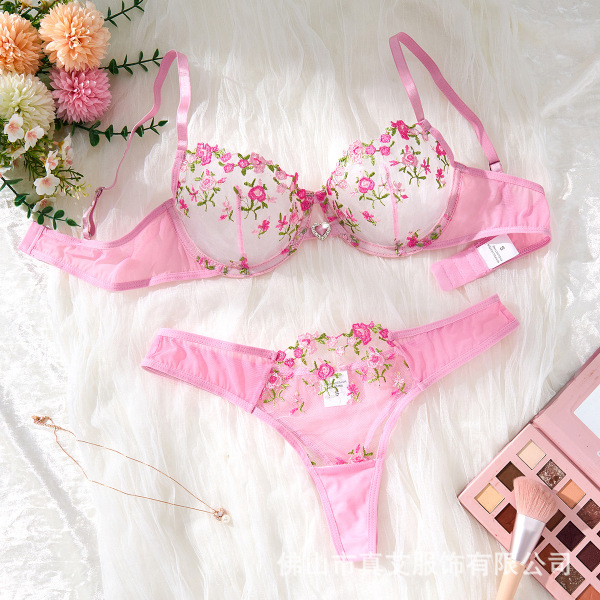 Transparent Mesh Lace Bra Set - Sexy Push-Up Lingerie Set with Embroidered Sheer Cup Design - pink