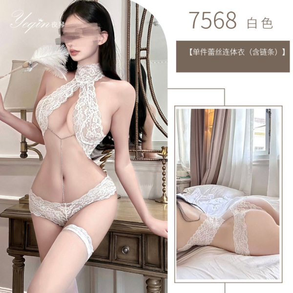 Women's Seductive Lace Bodysuit - Minimalist Modest Elegance, Push-Up & Seamless Design - White + white stockings