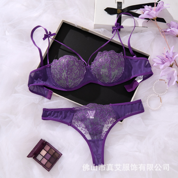 Pure & Alluring Sheer Lace Bra Set with Underwire – Lightweight Sensual Lingerie for Small Busts - Purple