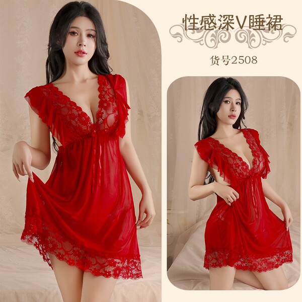 Sexy Lace Deep V Babydoll Nightgown - Flirty Sheer Mesh Sleepwear with Bow Detail for Small Bust Enhancement - 2508 Burgundy