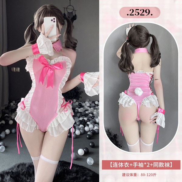 Sexy Maid Costume for Women - Cute & Alluring French Maid Outfit with Apron, Headband & Stockings Set - 2529 Pink + 3042 White