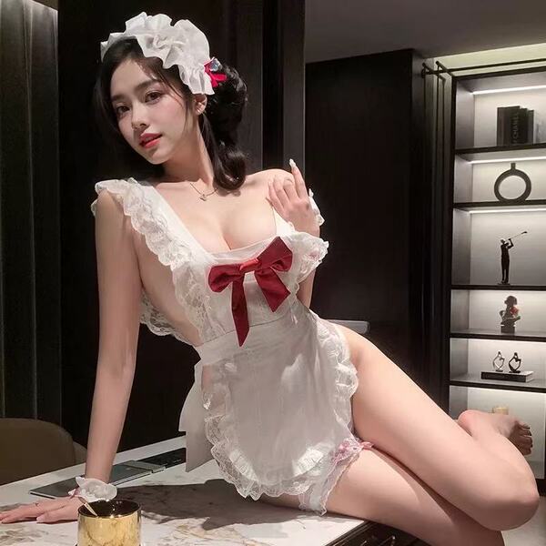 Cherry Romance Lingerie Dress - Busty Pure & Tempting Maid Costume for Women, Sexy Lace Sleep Dress & Couples Uniform - White