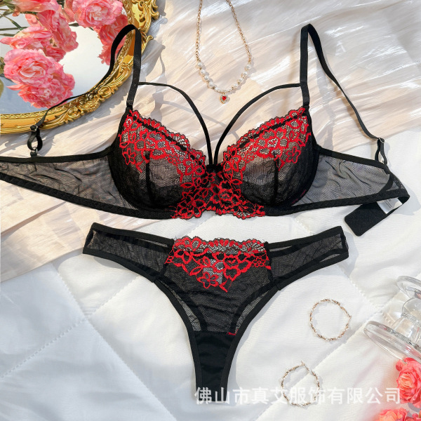 Luxury Lace Sheer Bra Set - Plus Size Sexy Lingerie Set for Women, Transparent Mesh & Floral Embroidery - black