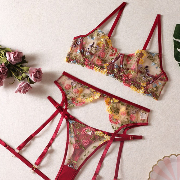 Floral Embroidery Lace Bra Set - Sexy Push-Up Sheer Underwire Lingerie Set for Women - red