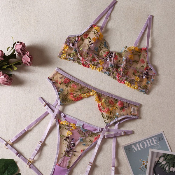 Floral Embroidery Lace Bra Set - Sexy Push-Up Sheer Underwire Lingerie Set for Women - Purple