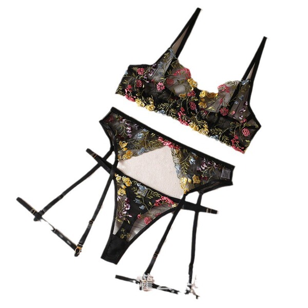 Floral Embroidery Lace Bra Set - Sexy Push-Up Sheer Underwire Lingerie Set for Women - black