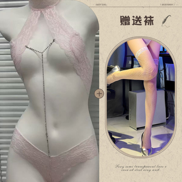Mannyqing Lace Bodysuit with Detachable Rhinestones - Sexy Strapless Mesh Chemise for Women, One Size - Pink and white fishnet stockings