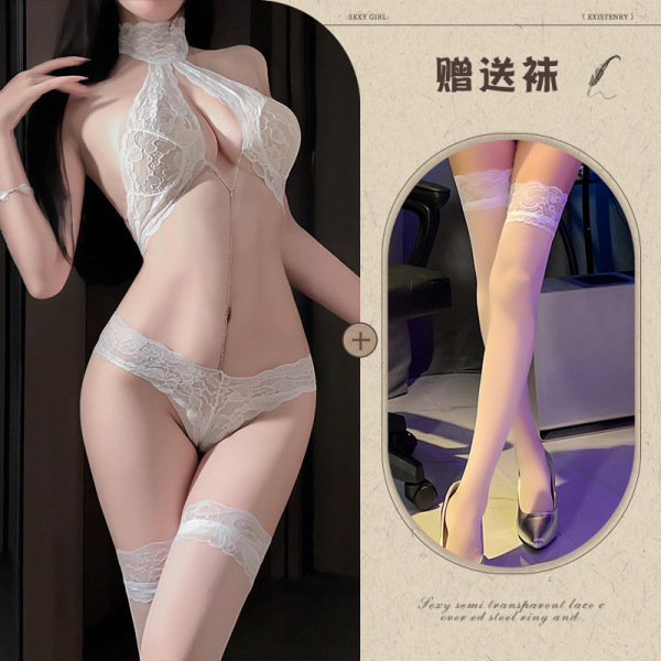 Mannyqing Lace Bodysuit with Detachable Rhinestones - Sexy Strapless Mesh Chemise for Women, One Size - White + white stockings