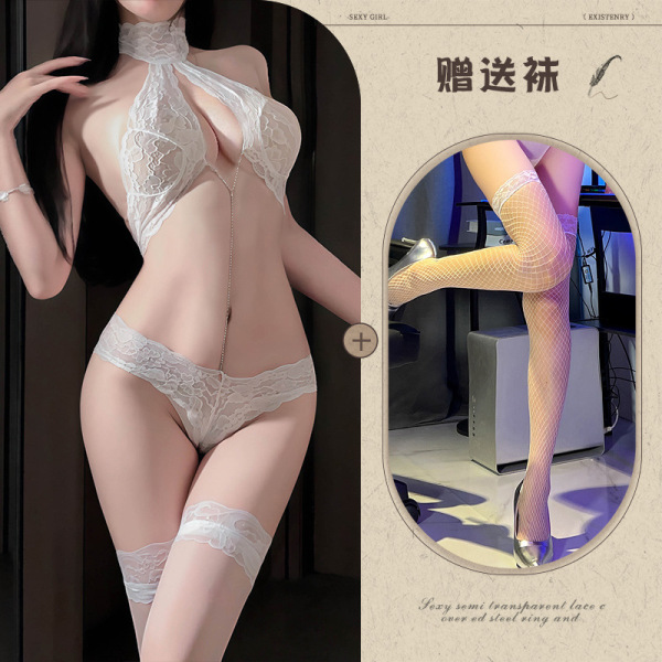 Mannyqing Lace Bodysuit with Detachable Rhinestones - Sexy Strapless Mesh Chemise for Women, One Size - White + white fishnet stockings