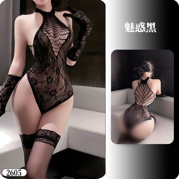 YueDie Seductive Lingerie Set - OL Style Pure & Tempting Bodycon Dress with Lace Stockings - 2605 Enchanting Black ◆ Night Rose Lace ◆ [Mesh Outerwear Item]